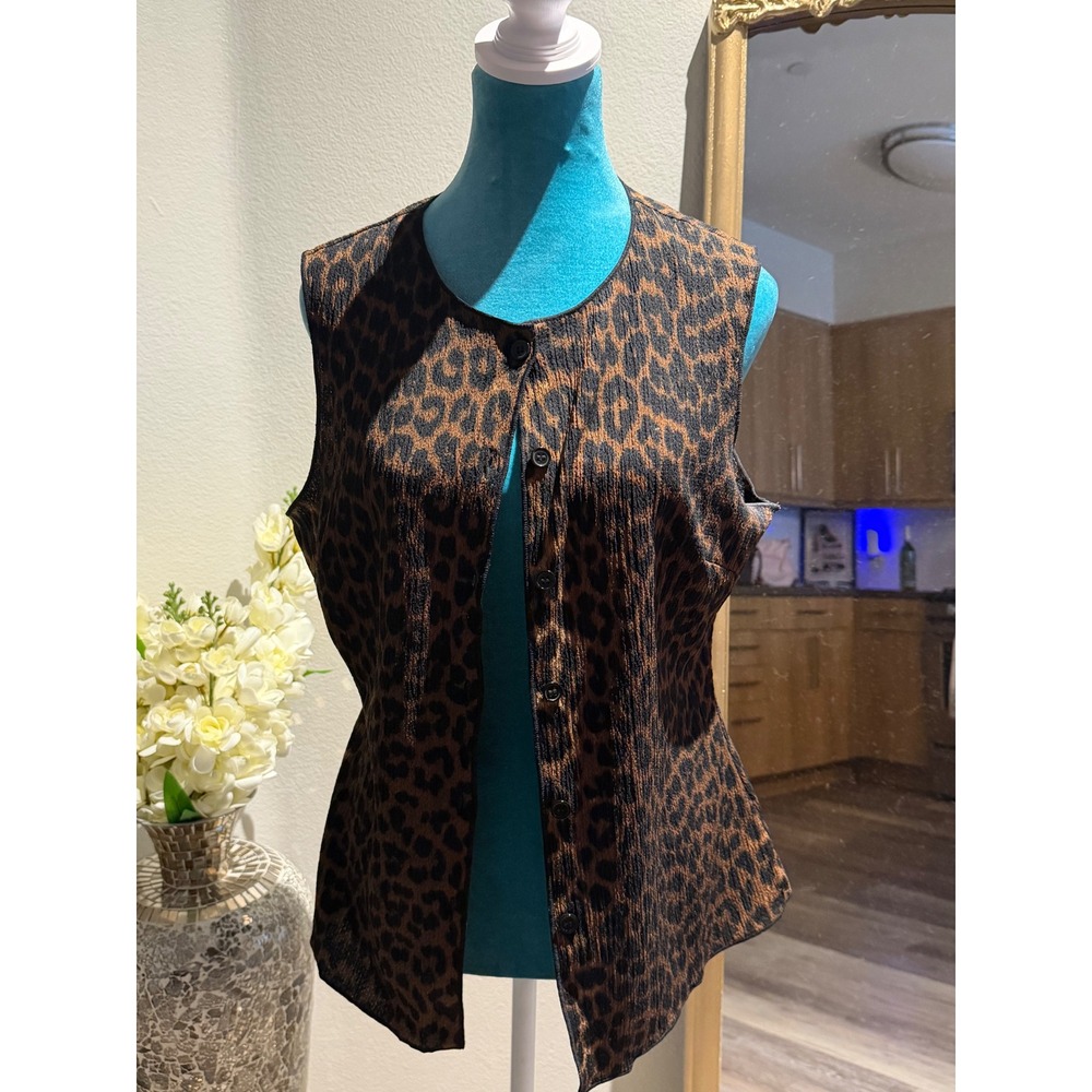 H&M Womens Leopard Print Textured Button Front Vest Brown Black Size Medium - Picture 3 of 8
